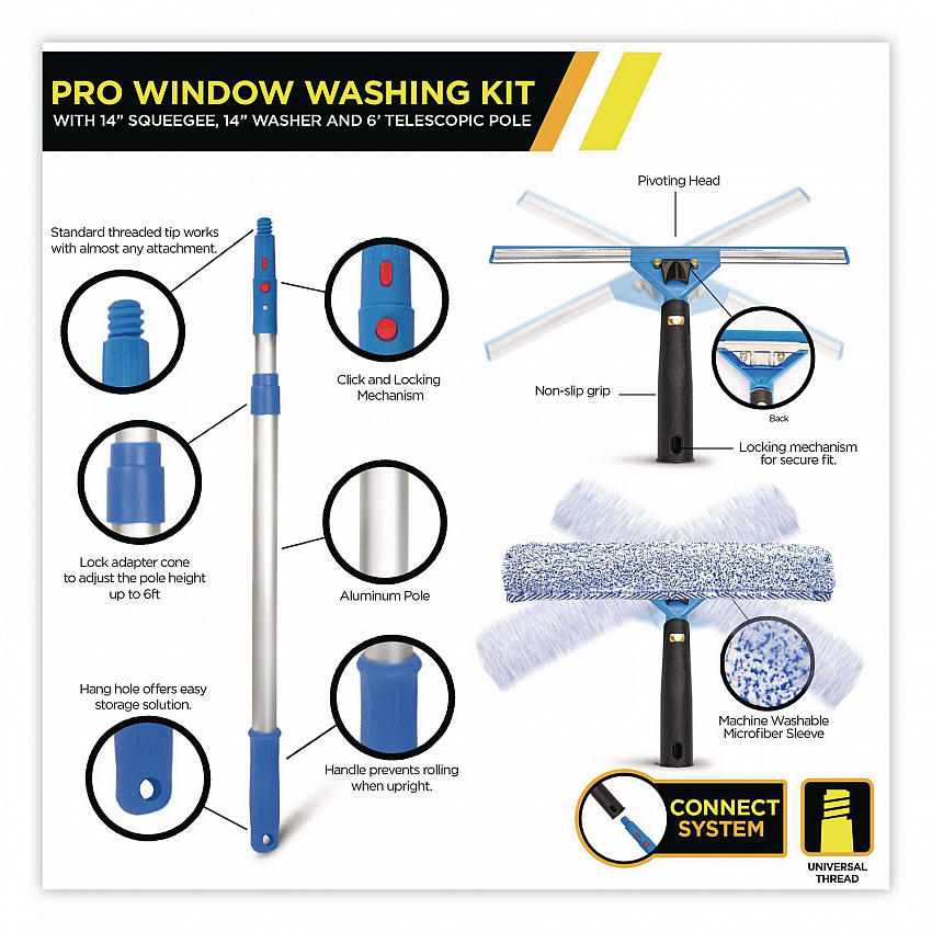 Pro Window Washing Kit with Squeegee, Washer and 6 ft Telescopic Pole, 14" Wide, 2/Kit (GRI1376F142P)