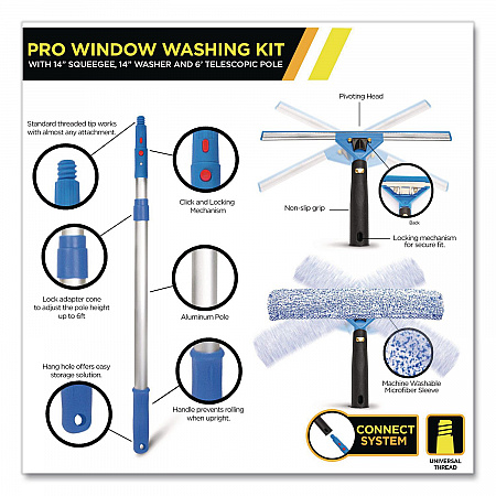 Pro Window Washing Kit with Squeegee, Washer and 6 ft Telescopic Pole, 14