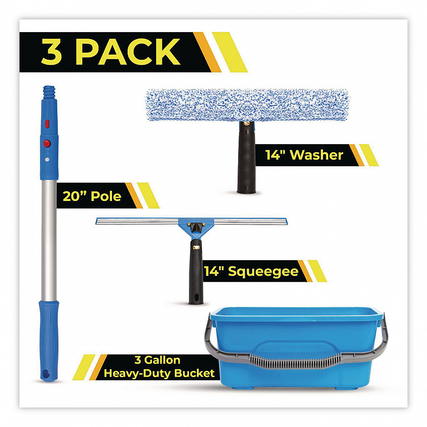 Pro Window Cleaning Kit with 14" Squeegee, 14" Washer, 20" Pole and 3 Gallon Heavy-Duty Bucket, 3/Kit (GRI138B3PK)