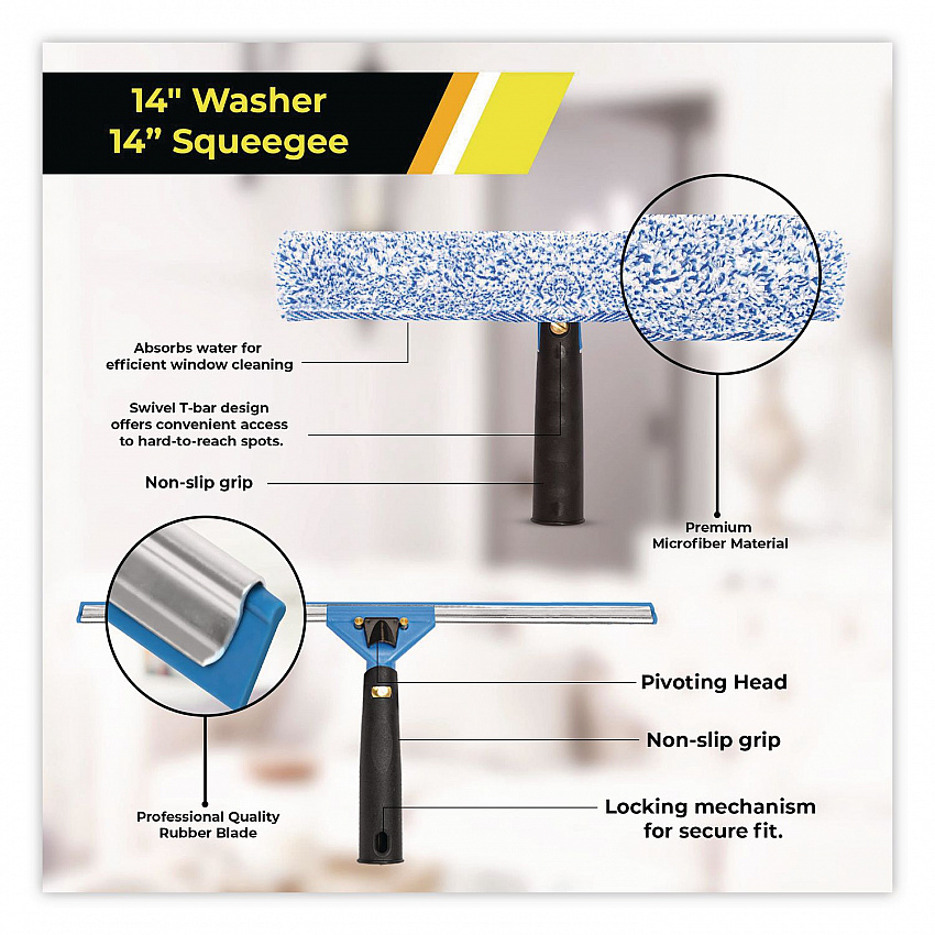 Pro Window Cleaning Kit with 14" Squeegee, 14" Washer, 20" Pole and 3 Gallon Heavy-Duty Bucket, 3/Kit (GRI138B3PK)