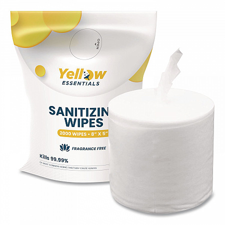 Yellow Essentials Sanitizing Wipes, 5 x 8, Unscented, White, 2,000/Refill Bag, 4 Refill Bags/Carton (YE00120004PK)