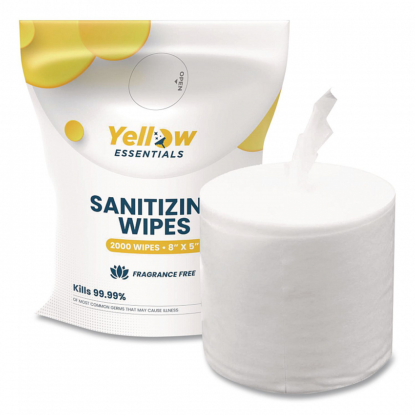 Yellow Essentials Sanitizing Wipes, 5 x 8, Unscented, White, 2,000/Refill Bag, 4 Refill Bags/Carton (YE00120004PK)