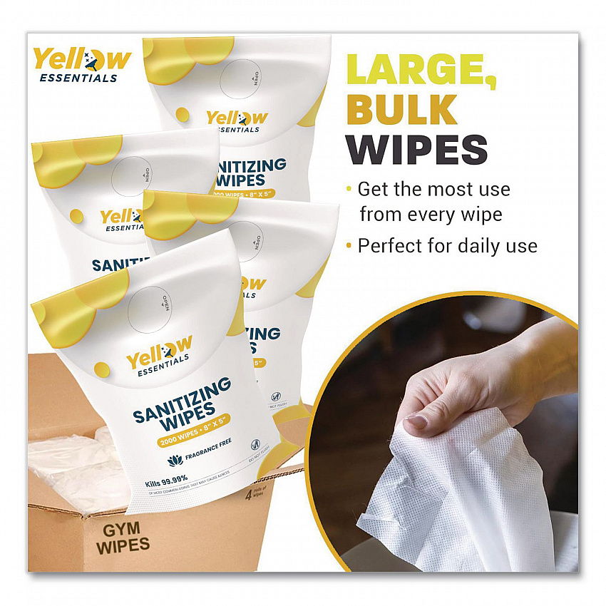 Yellow Essentials Sanitizing Wipes, 5 x 8, Unscented, White, 2,000/Refill Bag, 4 Refill Bags/Carton (YE00120004PK)