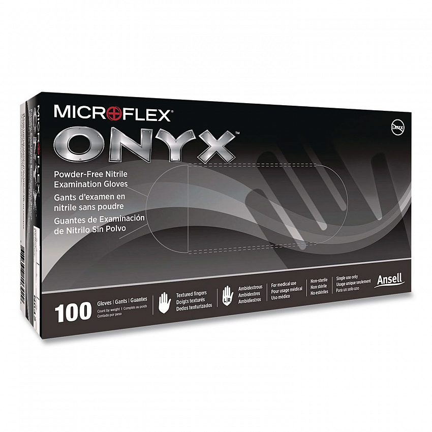 MICROFLEX Onyx N64 Exam Gloves, Powder-Free, AQL 1.5, Medium (Size 7), 3.5 mil Thick, 9.6" Long, Black, 100/Box, 10/Carton (N642)