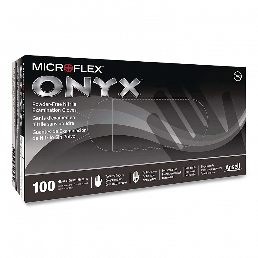 MICROFLEX Onyx N64 Exam Gloves, Powder-Free, AQL 1.5, X-Large (Size 9), 3.5 mil Thick, 9.6" Long, Black,100/Box,10/Carton (N644)