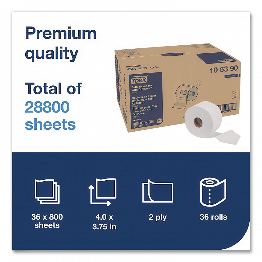Premium Bath Tissue Roll with OptiCore, Septic Safe, 2-Ply, White, 800 Sheets/Roll, 36 Rolls/Carton (106390)