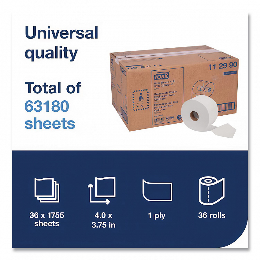 Universal Bath Tissue Roll with OptiCore, Septic Safe, 1-Ply, White, 1,755 Sheets/Roll, 36 Rolls/Carton (112990)