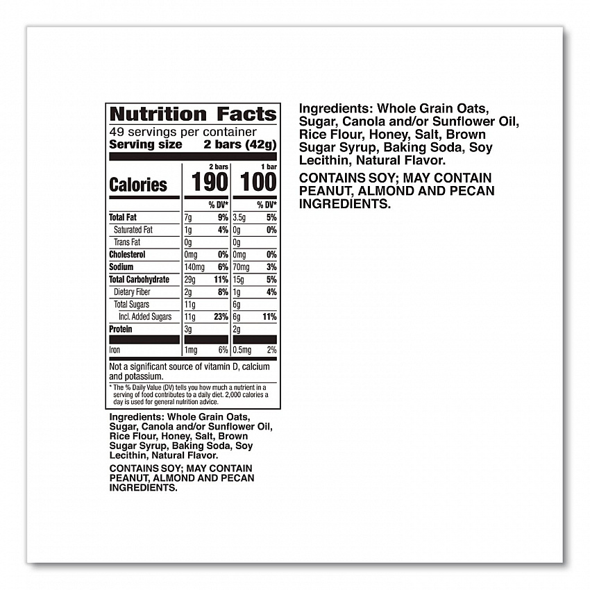 Granola Bars, Oats'n Honey Cereal, 1.5 oz Bar, 18/Box (SN3353)