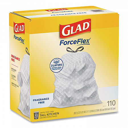 ForceFlex Kitchen Drawstring Trash Bags, Drawstring, 13 gal, Unscented, 23.47 x 25.38, White, 110 Bags/Box, 3 Boxes/Carton (22541CT)