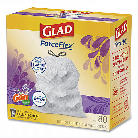 ForceFlex Kitchen Drawstring Trash Bags, 13 gal, Gain Lavender with Febreze Freshness, 24 x 27.38, White, 80/Box (78902BX)