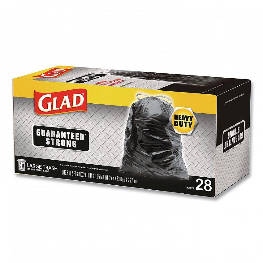 Guaranteed Strong Large Drawstring Trash Bags, Three-Ply, 30 gal, 1.05 mil, 30 x 33, Black, 28/Box (78966BX)