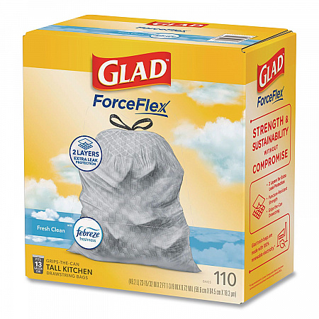 ForceFlex Tall Kitchen Drawstring Trash Bags, Drawstring, 13 gal, Fresh Clean Scent, 10.19 x 9.81, Gray, 110/Roll, 3/Carton (78563CT)