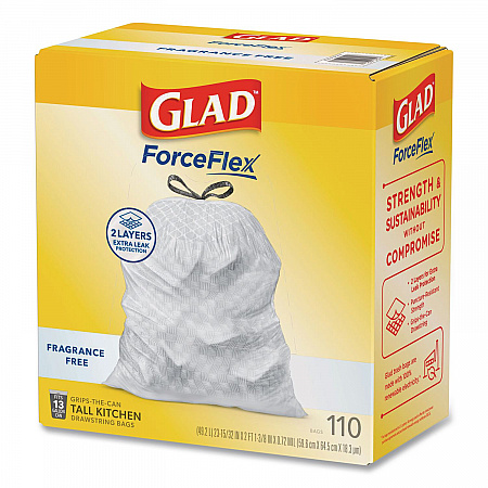 ForceFlex Kitchen Drawstring Trash Bags, Drawstring, 13 gal, Unscented, 23.47 x 25.38, White, 110 Bags/Box, 3 Boxes/Carton (22541CT)