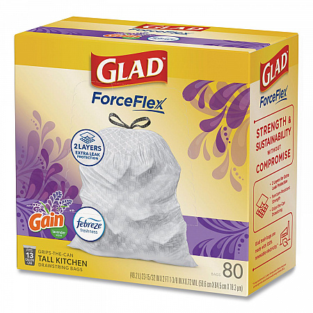 ForceFlex Kitchen Drawstring Trash Bags, 13 gal, Gain Lavender Scent, 24 x 27.38, White, 80 Bags/Box, 3 Boxes/Carton (78902)