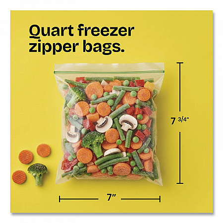 Zipper Food Storage Plastic Bags, Freezer Bags, Quart Size, 7.75 x 8.44, Clear, 20 Bags/Box, 12 Boxes/Carton (57035)