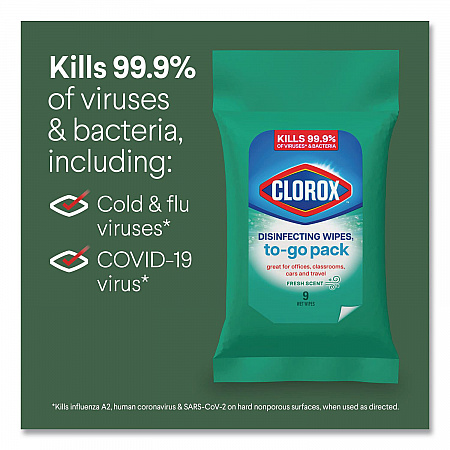 Disinfecting Wipes, On the Go Bleach Free Travel Wipes, 1-Ply, 6.53 x 2.79, Fresh Scent, White, 9/Pack, 24 Packs/Carton (60133)