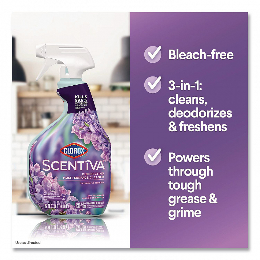 Scentiva Disinfecting Multi-Surface Cleaner, Bleach Free, Lavender and Jasmine Scent, 32 oz Spray Bottle, 9/Carton (60523CT)