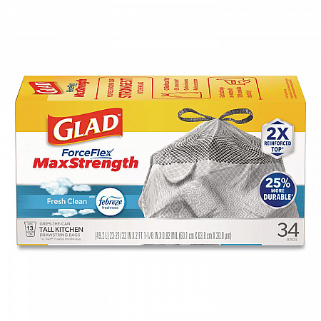 ForceFlex MaxStrength Tall Kitchen Drawstring Trash Bags, 13 gal, Fresh Clean Scent, 24 x 28, White, 34/Box, 6 Boxes/Carton (70320)