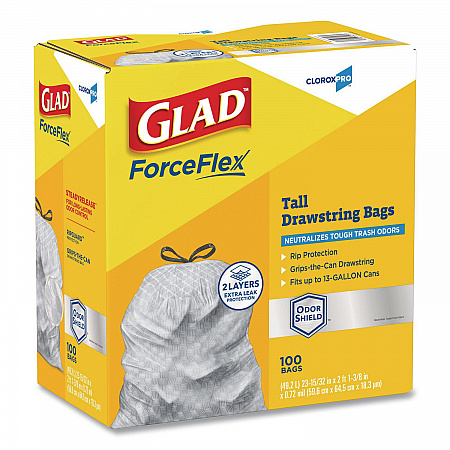 CloroxPro ForceFlex Tall Kitchen Drawstring Trash Bags, 13 gal, 23.75 x 24.88, Gray, 100/Box (70427)