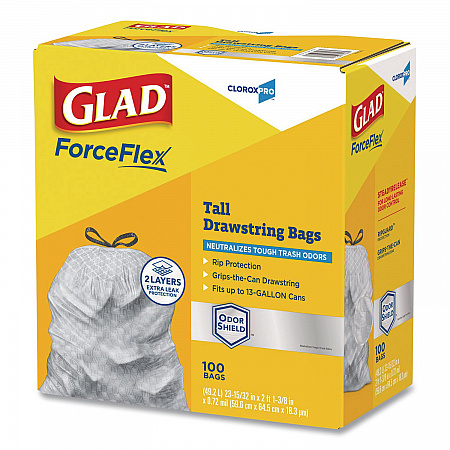 CloroxPro ForceFlex Tall Kitchen Drawstring Trash Bags, 13 gal, 23.75 x 24.88, Gray, 100/Box (70427)