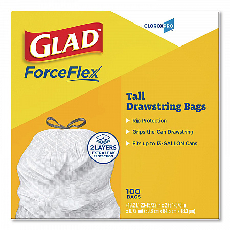 CloroxPro ForceFlex Tall Kitchen Drawstring Trash Bags, 13 gal, 24 x 27.38, Gray, 100 Bags/Box, 4 Boxes/Carton (78526CT)