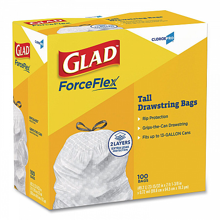 CloroxPro ForceFlex Tall Kitchen Drawstring Trash Bags, 13 gal, 24 x 27.38, Gray, 100 Bags/Box, 4 Boxes/Carton (78526CT)