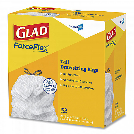 CloroxPro ForceFlex Tall Kitchen Drawstring Trash Bags, 13 gal, 24 x 27.38, Gray, 100 Bags/Box, 4 Boxes/Carton (78526CT)