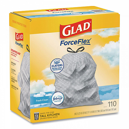 ForceFlex Tall Kitchen Drawstring Trash Bags, Drawstring, 13 gal, Fresh Clean Scent, 10.19 x 9.81, Gray, 110/Roll, 3/Carton (78563CT)