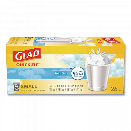 OdorShield Quick-Tie Small Trash Bags, Tie-Flap, 4 gal, Febreze Fresh Clean Scent, 8 x 18, White, 26 Bags/Box, 6 Boxes/Carton (78812)