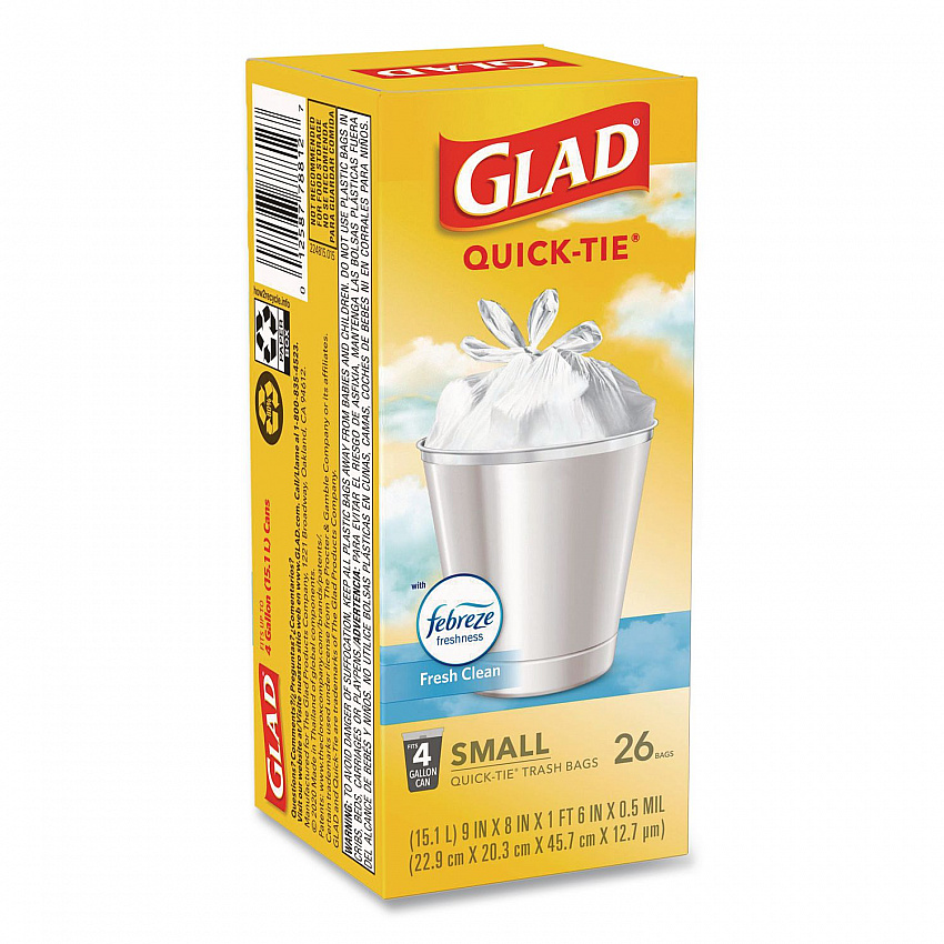 OdorShield Quick-Tie Small Trash Bags, Tie-Flap, 4 gal, Febreze Fresh Clean Scent, 8 x 18, White, 26 Bags/Box, 6 Boxes/Carton (78812)