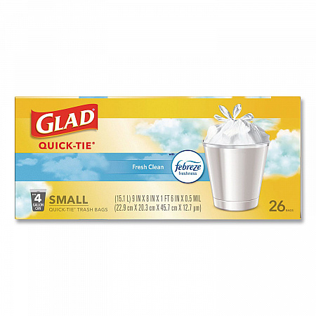 OdorShield Quick-Tie Small Trash Bags, Tie-Flap, 4 gal, Febreze Fresh Clean Scent, 8 x 18, White, 26 Bags/Box, 6 Boxes/Carton (78812)