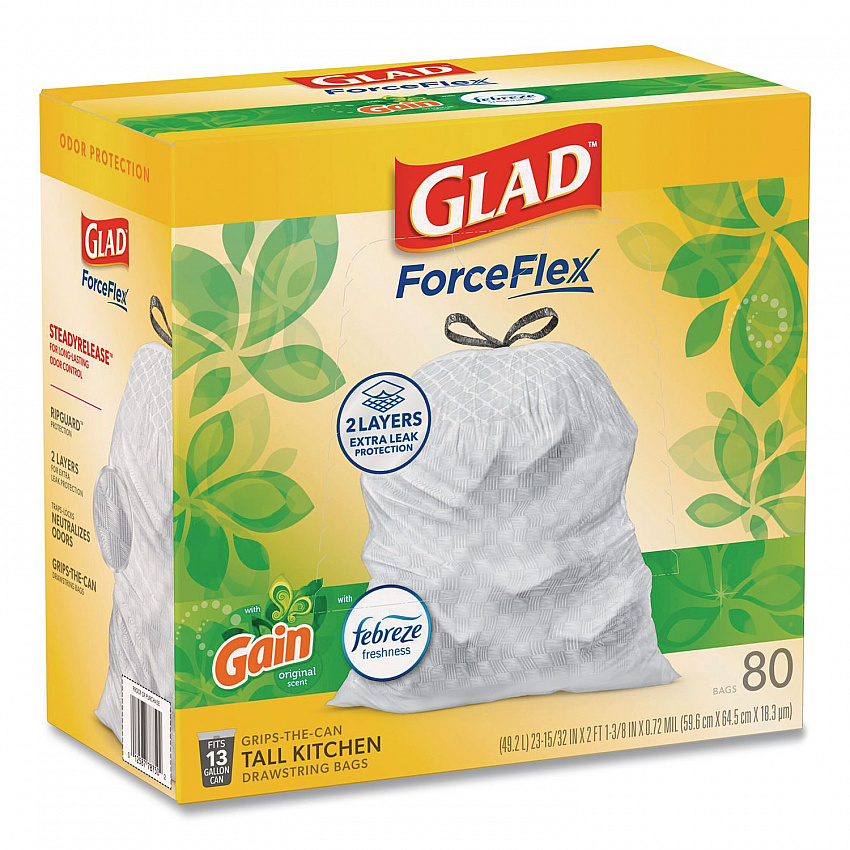 ForceFlex Kitchen Drawstring Trash Bags, 13 gal, Gain Original Scent, 24" x 27.38", White, 80 Bags/Box, 3 Boxes/Carton (78900)