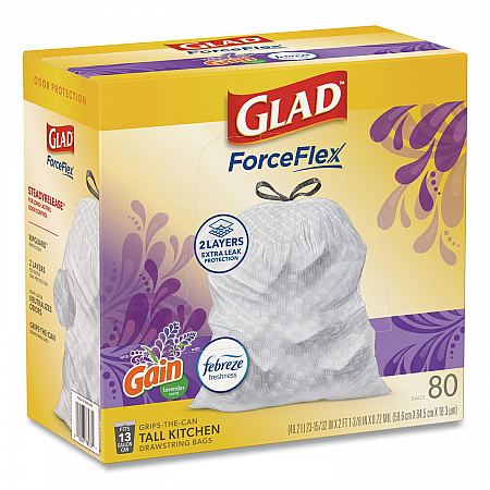 ForceFlex Kitchen Drawstring Trash Bags, 13 gal, Gain Lavender Scent, 24 x 27.38, White, 80 Bags/Box, 3 Boxes/Carton (78902)