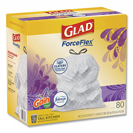 ForceFlex Kitchen Drawstring Trash Bags, 13 gal, Gain Lavender with Febreze Freshness, 24 x 27.38, White, 80/Box (78902BX)
