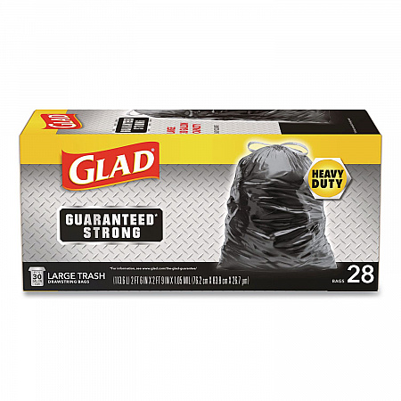 Guaranteed Strong Large Drawstring Trash Bags, Three-Ply, 30 gal, 1.05 mil, 30 x 33, Black, 28/Box (78966BX)