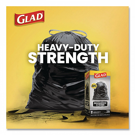 Guaranteed Strong Large Drawstring Trash Bags, Three-Ply, 30 gal, 1.05 mil, 30 x 33, Black, 28/Box (78966BX)