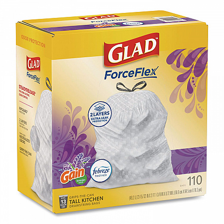 ForceFlex Tall Kitchen Drawstring Trash Bags, 13 gal, Gain Lavender with Febreze Freshness, 10.18 x 9.81, White, 110/Box (79157)