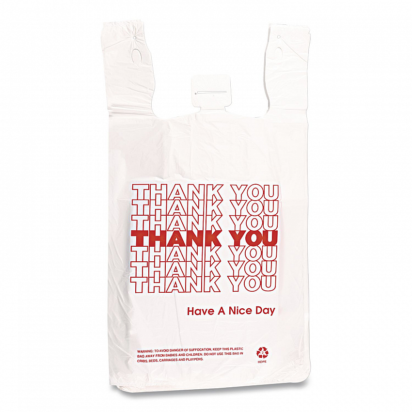 "Thank You" Handled T-Shirt Bag, Have a Nice Day Labeling, Cut-Out Handles, 11.5" x 6.5" x 21", White/Red, 900/Carton (THW1VAL)