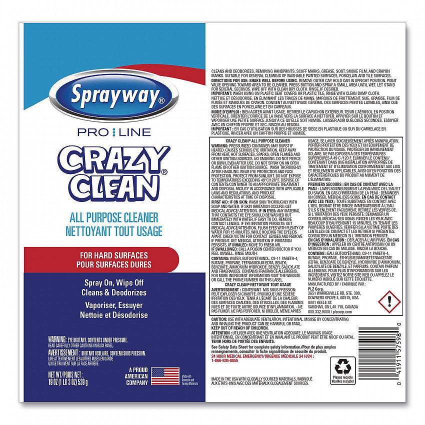 Crazy Clean, Unscented, 19 oz Aerosol Spray, 12/Carton (1000057598)