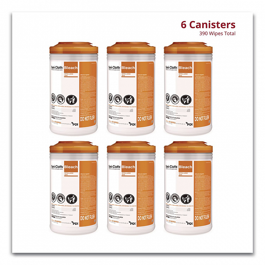 Sani-Cloth with Bleach Disinfecting Wipes, 7.5 x 15, Unscented, White, 65 Wipes/Canister, 6 Canisters/Carton (P25784CT)