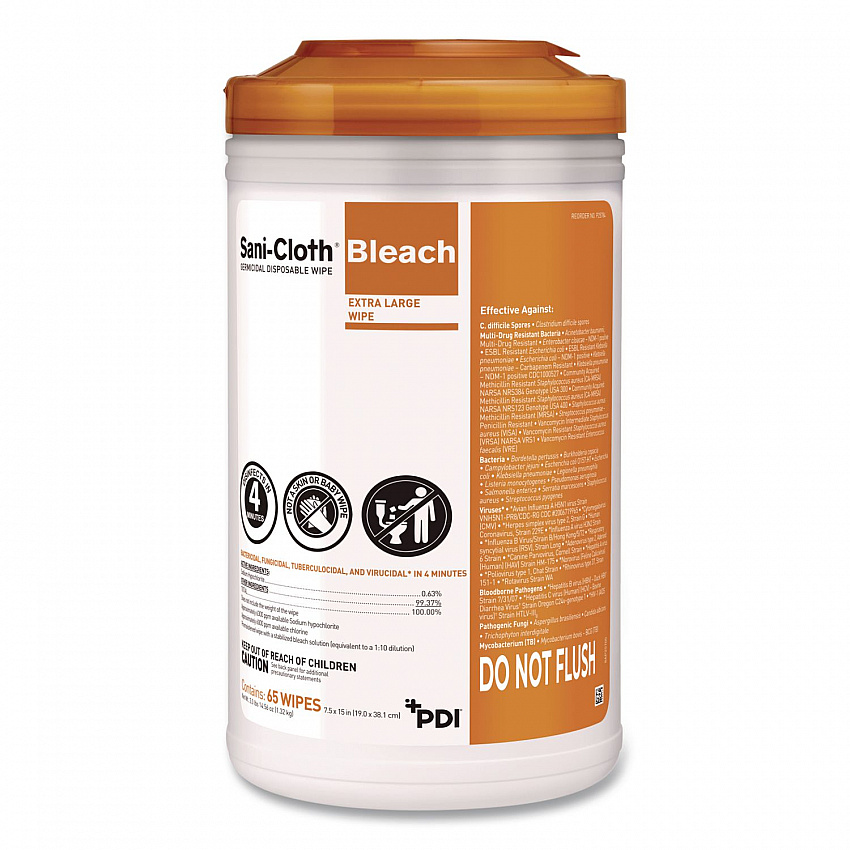 Sani-Cloth with Bleach Disinfecting Wipes, 7.5 x 15, Unscented, White, 65 Wipes/Canister, 6 Canisters/Carton (P25784CT)