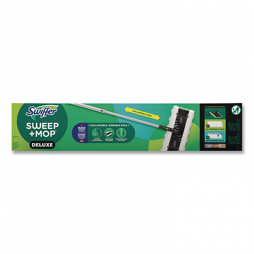 Sweep and Mop 2-in-1 Dry + Wet Floor Deluxe Mopping and Sweeping Kit, Silver Handle (16413)