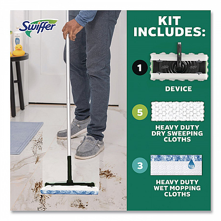 Sweep and Mop 2-in-1 Dry + Wet Floor Deluxe Mopping and Sweeping Kit, Silver Handle (16413)