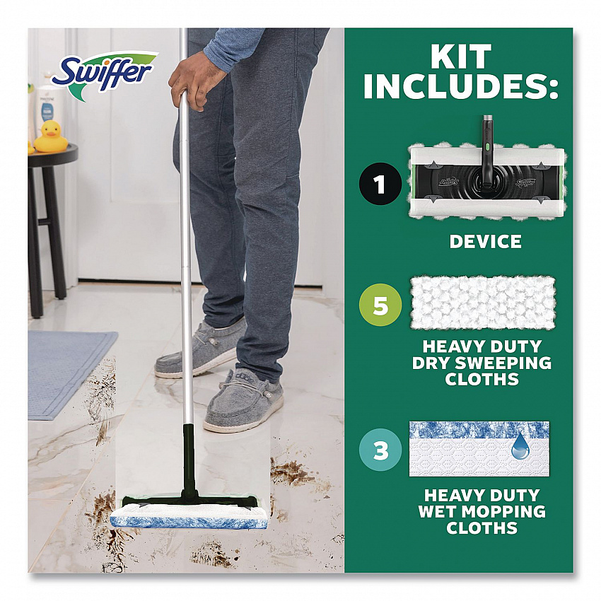Sweep and Mop 2-in-1 Dry + Wet Floor Deluxe Mopping and Sweeping Kit, Silver Handle (16413)