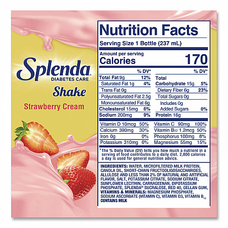 Diabetes Care Sugar-Free Shake, Strawberry Cream, 14 oz Bottle, 24/Carton (HFP00659)