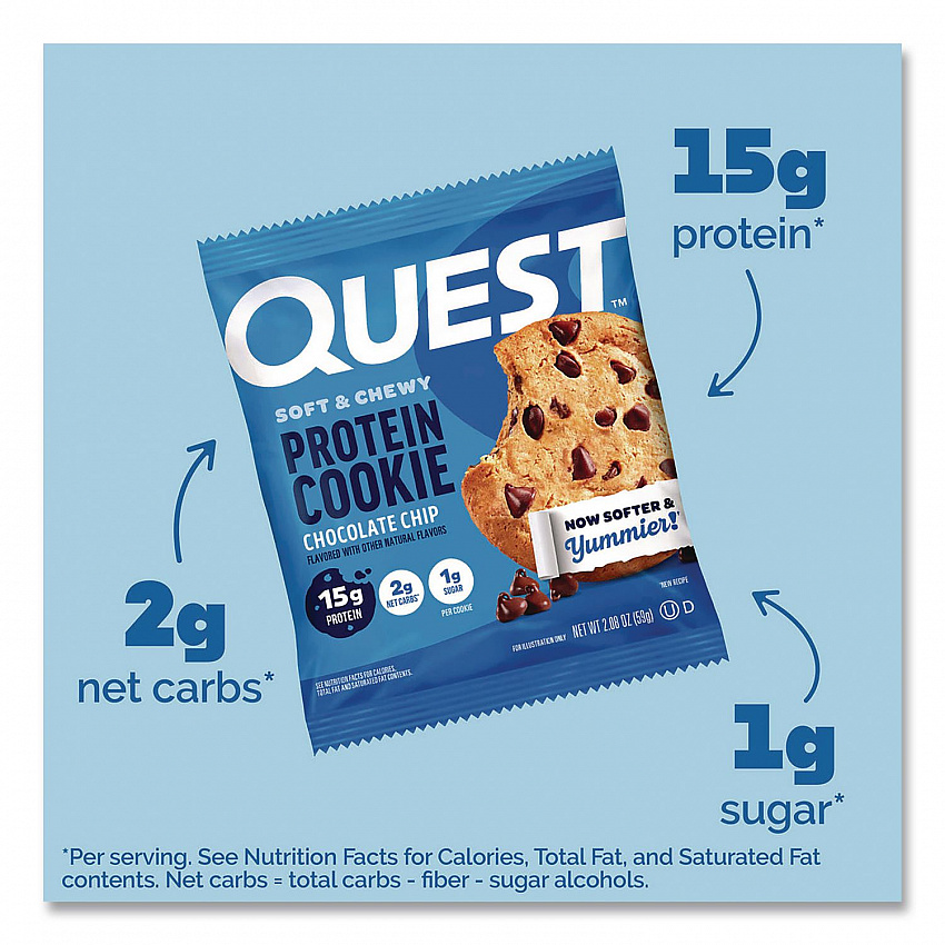 Gluten Free Protein Cookies, Chocolate Chip, 2.08 Pack, 12/Box (QUN00609)