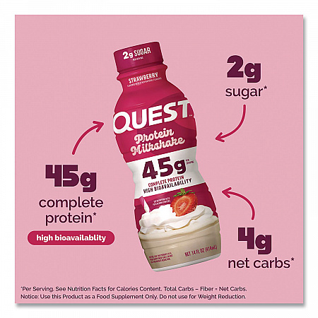 Protein Milkshakes, Strawberry, 14 oz Bottle, 12/Carton (QUN01606)