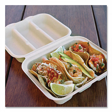 Fiber Hinged Takeout Containers, Taco Box, 7.9 x 9.2 x 3.2, Natural, Sugarcane Fiber, 300/Carton (TOSCT39LFS)