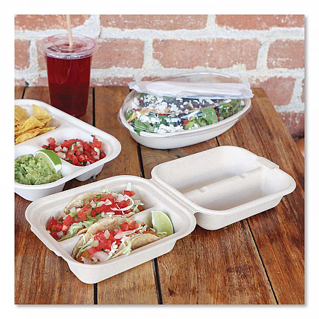 Fiber Hinged Takeout Containers, Taco Box, 2 Compartments, 5.86 x 7.25 x 3.38, Natural, Sugarcane Fiber, 300/Carton (TOSCT2LFS)