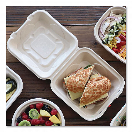 Fiber Hinged Takeout Containers, 8.2 x 8.8 x 2.9, Natural, Sugarcane Fiber, 300/Carton (TOSCU853LLF)